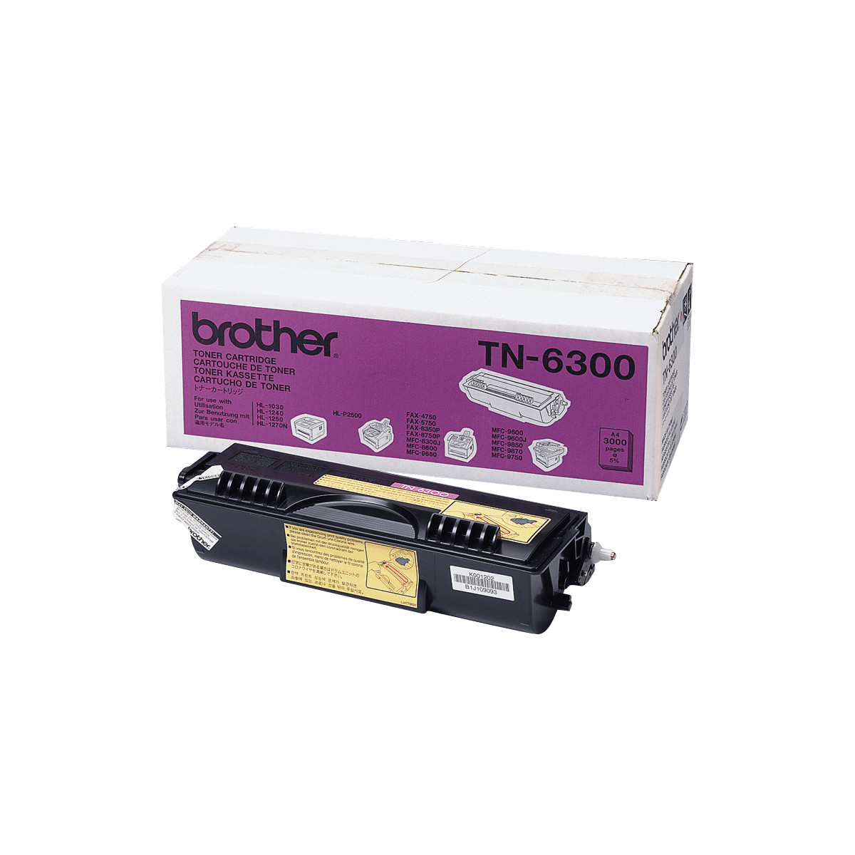 Cartuccia toner Brother TN-6300 davanti a una scatola aperta. Unità toner nera in primo piano.