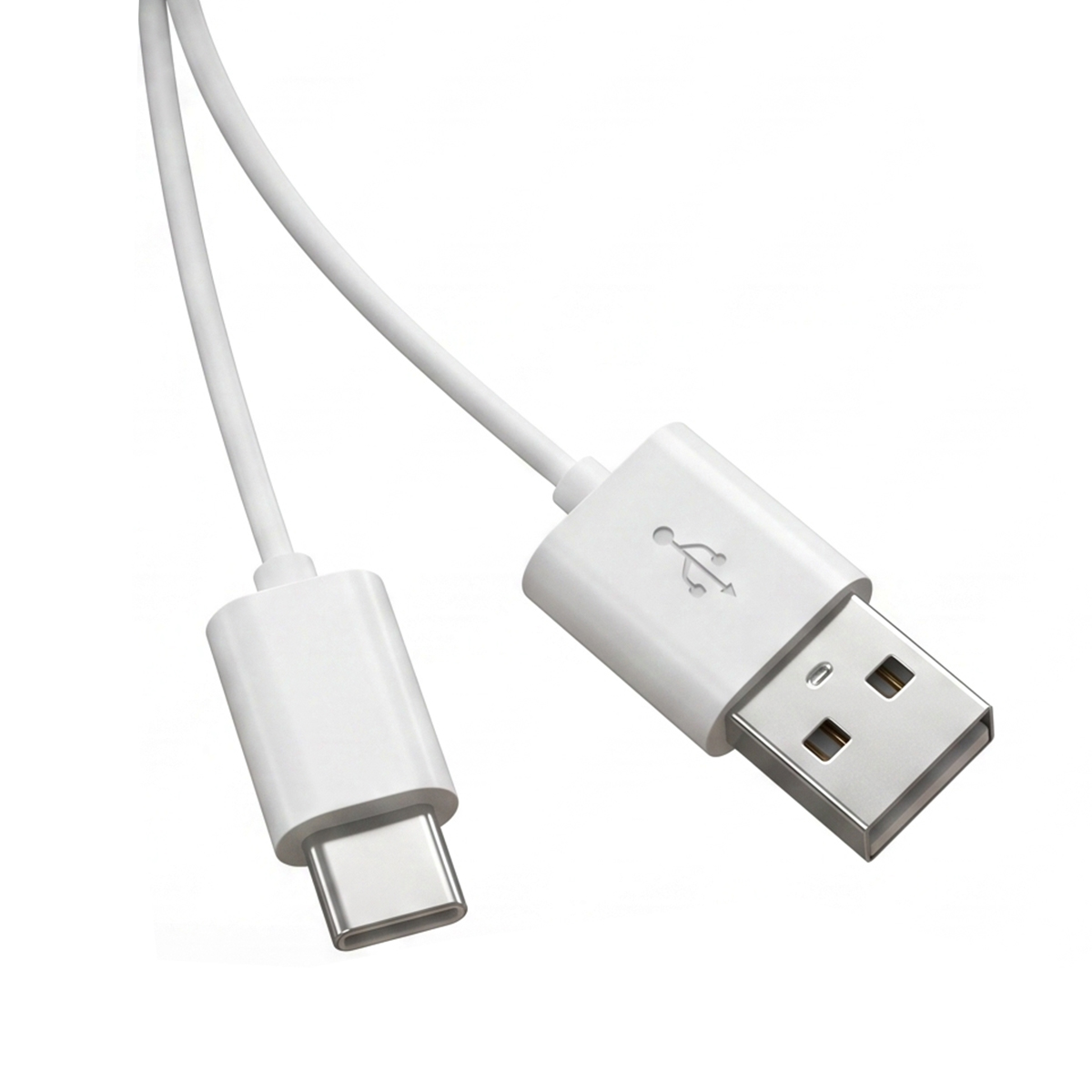 Un cavo USB-A a USB-C bianco con connettori metallici.