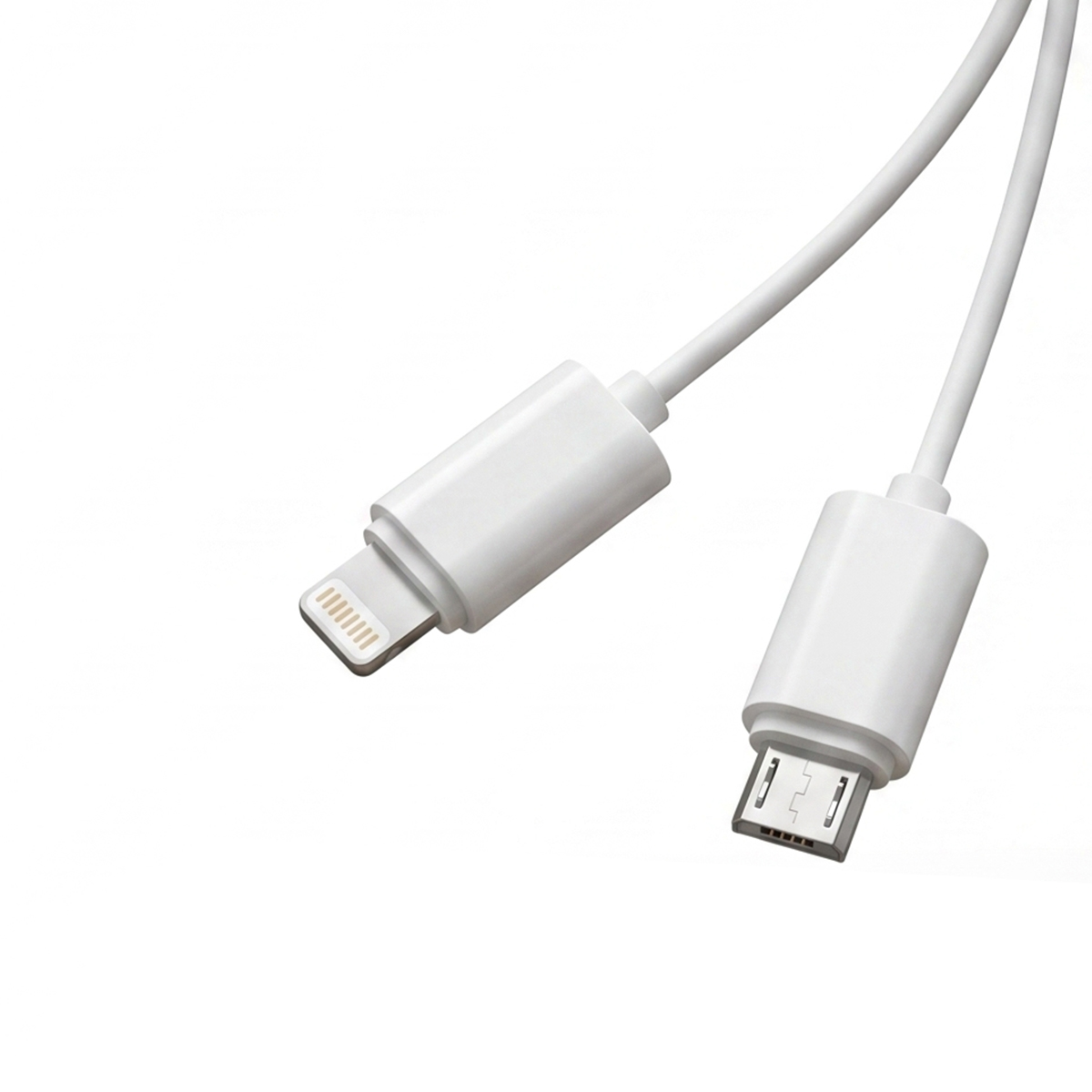 Un cavo di ricarica bianco con connettori Lightning e Micro-USB.