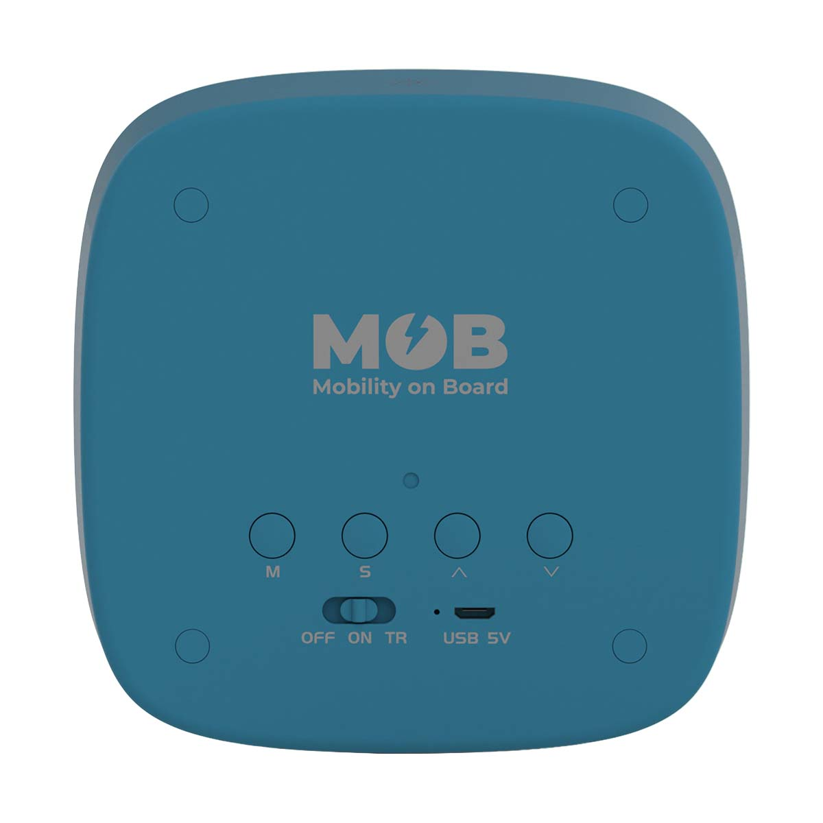 Un altoparlante blu con etichette MOB, Mobility on Board e pulsanti di controllo.