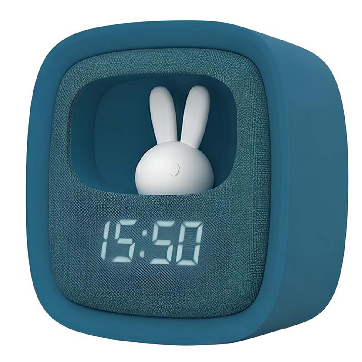 Una sveglia digitale blu con un coniglietto bianco in una finestra che mostra le 15:50.
