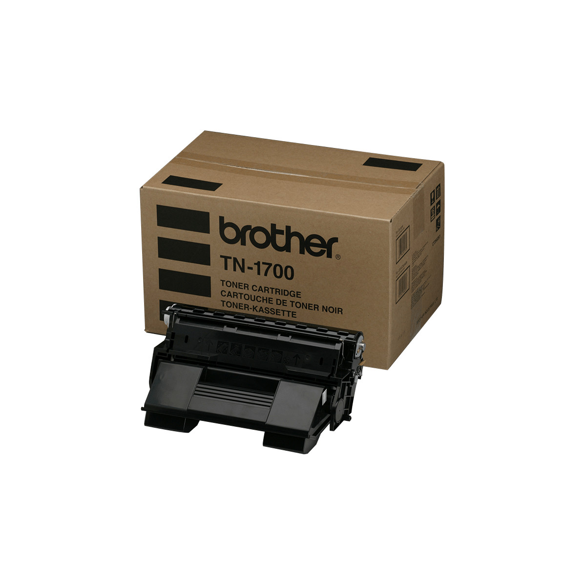 Una cartuccia toner nera davanti a una scatola Brother TN-1700.