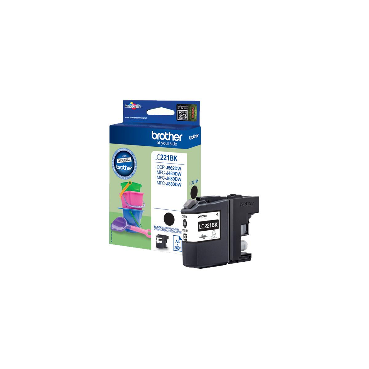 A black Brother LC221BK ink cartridge box with a cartridge next to it.
