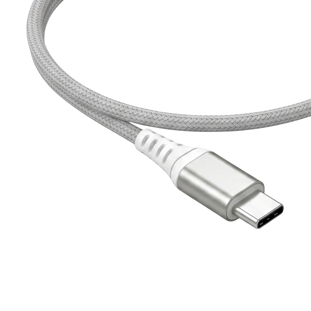 Cavo USB-C argentato con cordino grigio intrecciato e dettaglio connettore bianco.