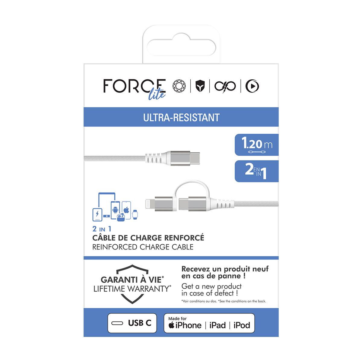 Confezione di un cavo di ricarica bianco 2-in-1 con connettori USB-C e Lightning.