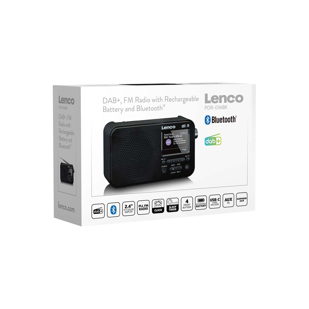 Emballage d'une radio Lenco DAB+/FM noire avec Bluetooth et écran couleur.