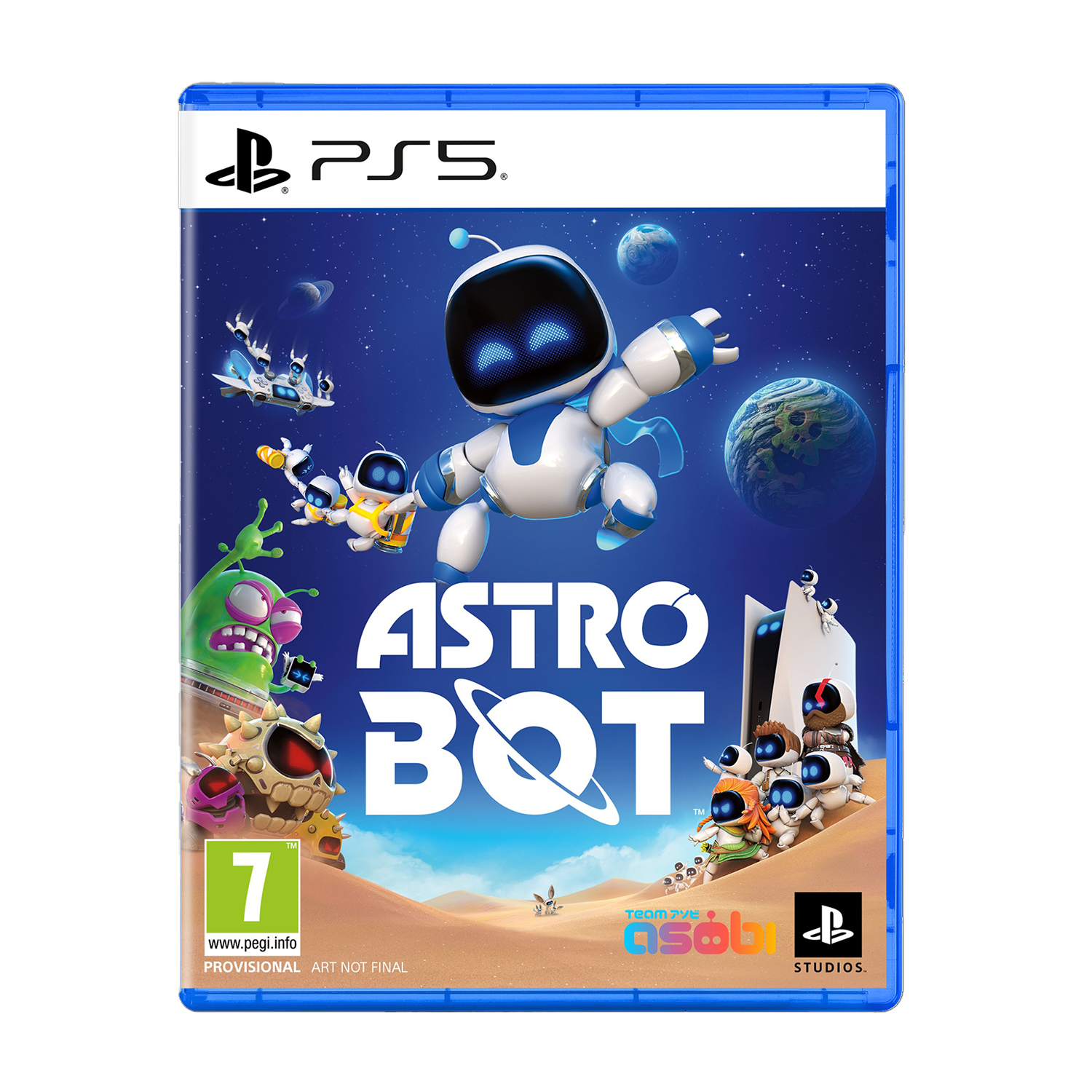 Astro Bot sulla copertina del gioco PS5 con sfondo spaziale e desertico.