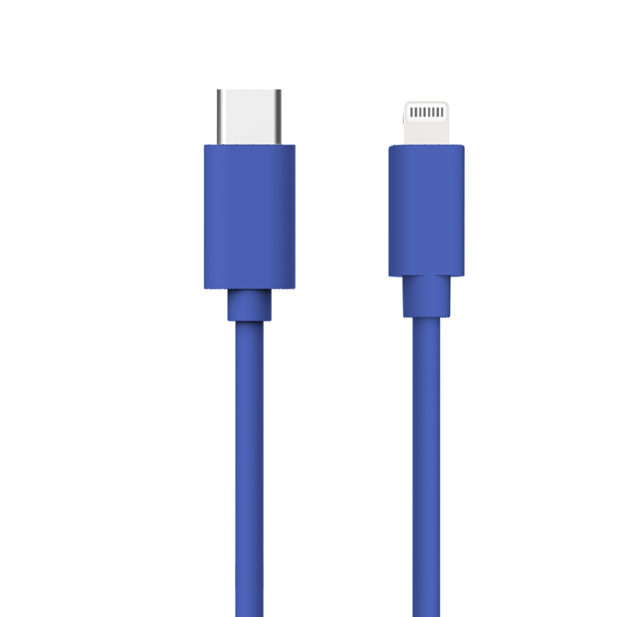 Un câble USB-C bleu et un câble Lightning bleu côte à côte.