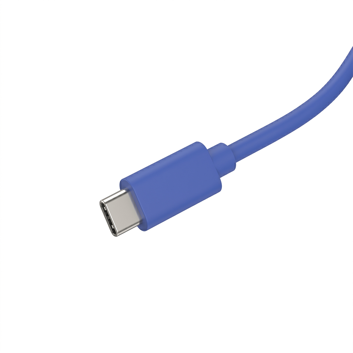 Un câble USB-C bleu avec un connecteur argenté sur fond blanc.