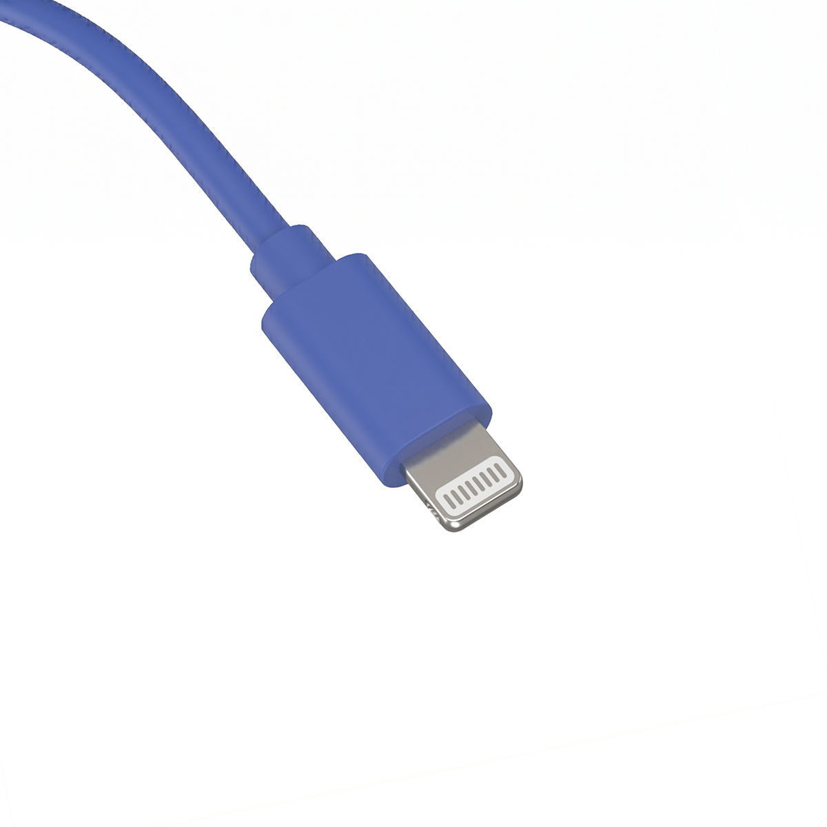 Un connecteur Lightning bleu avec une partie de câble sur fond blanc.