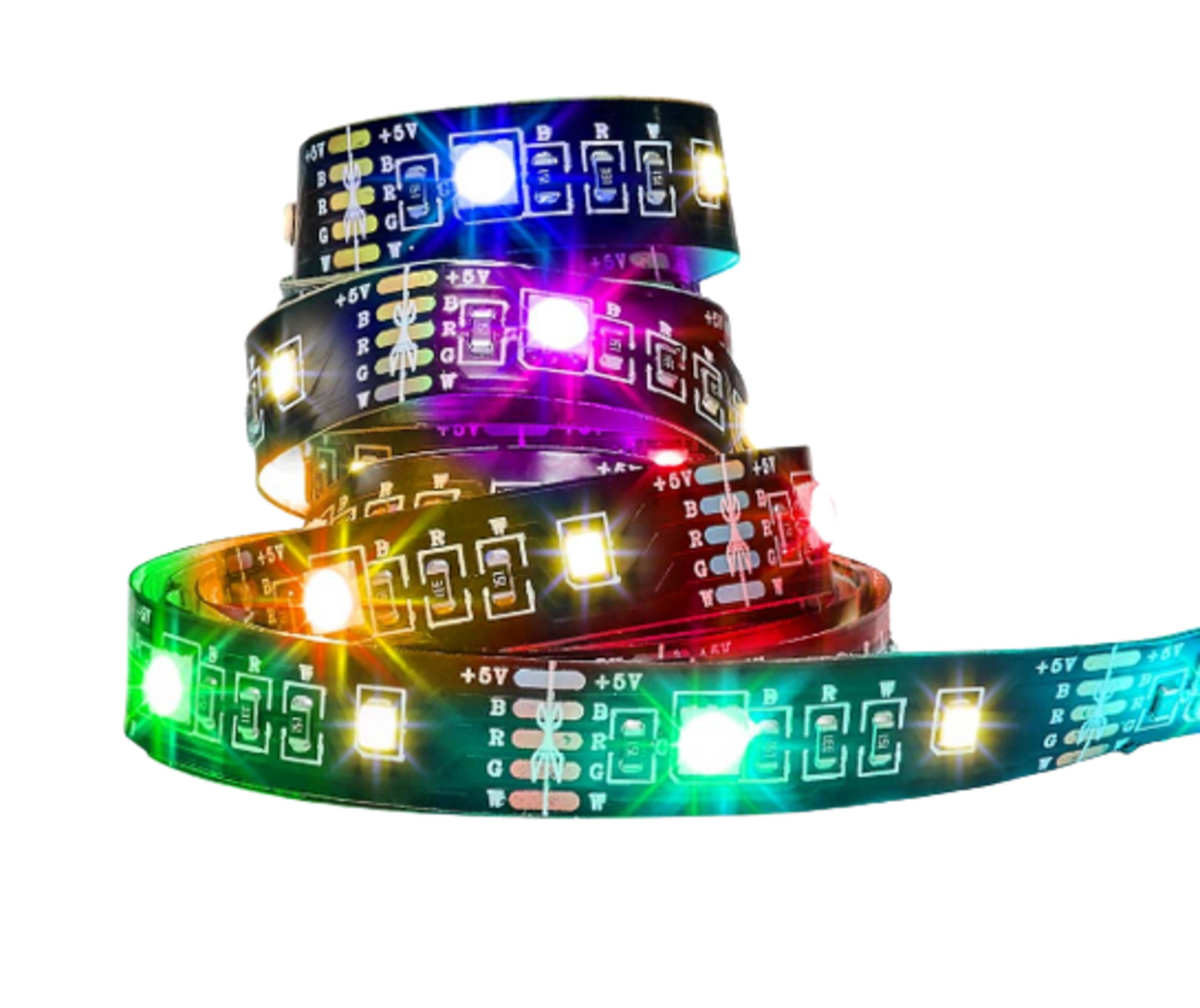 LED-strip met veelkleurige lichten en labels zoals +5V, R, G, B, W.