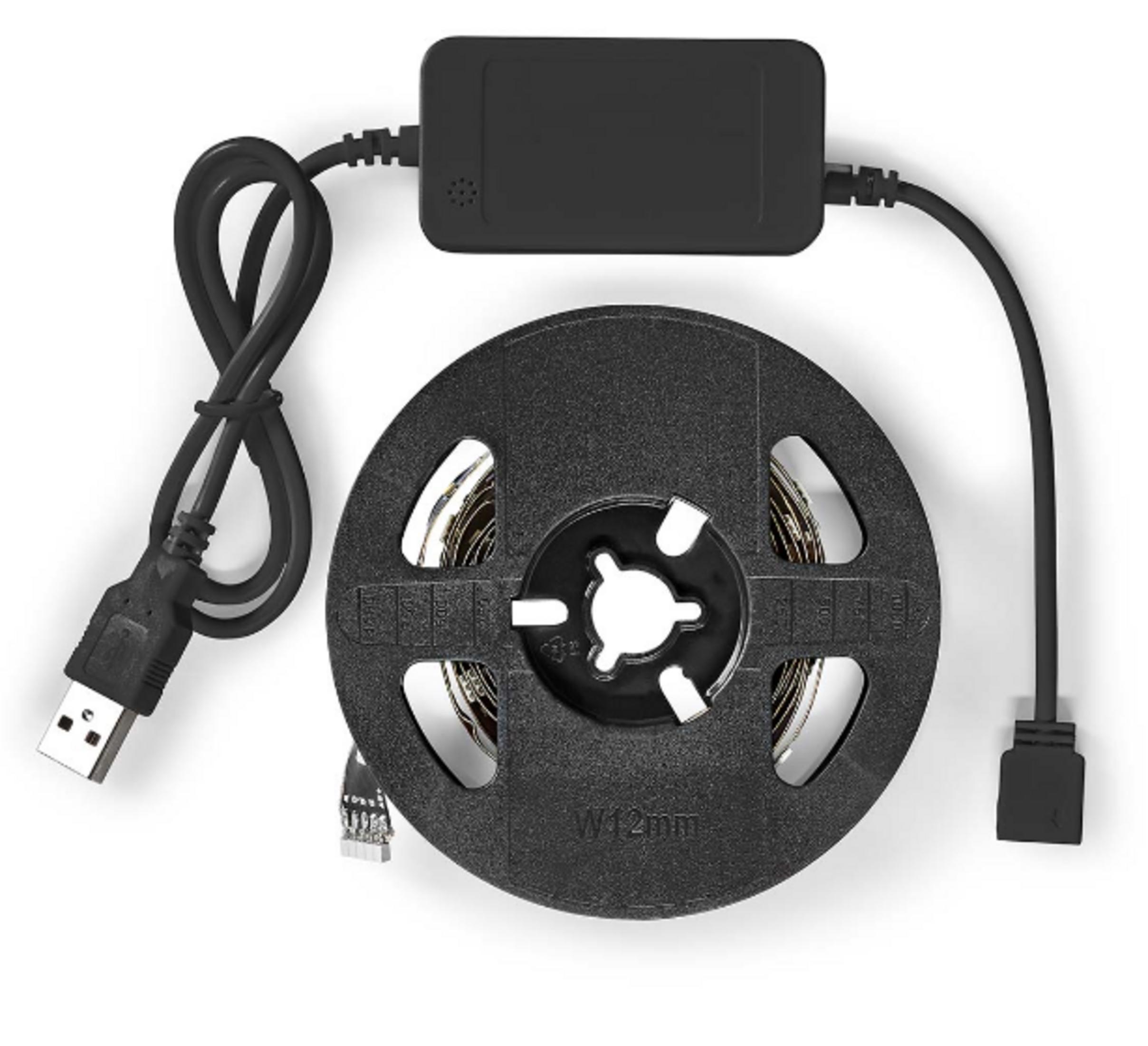 Zwarte USB-kabel met controller en LED-strip op rol.