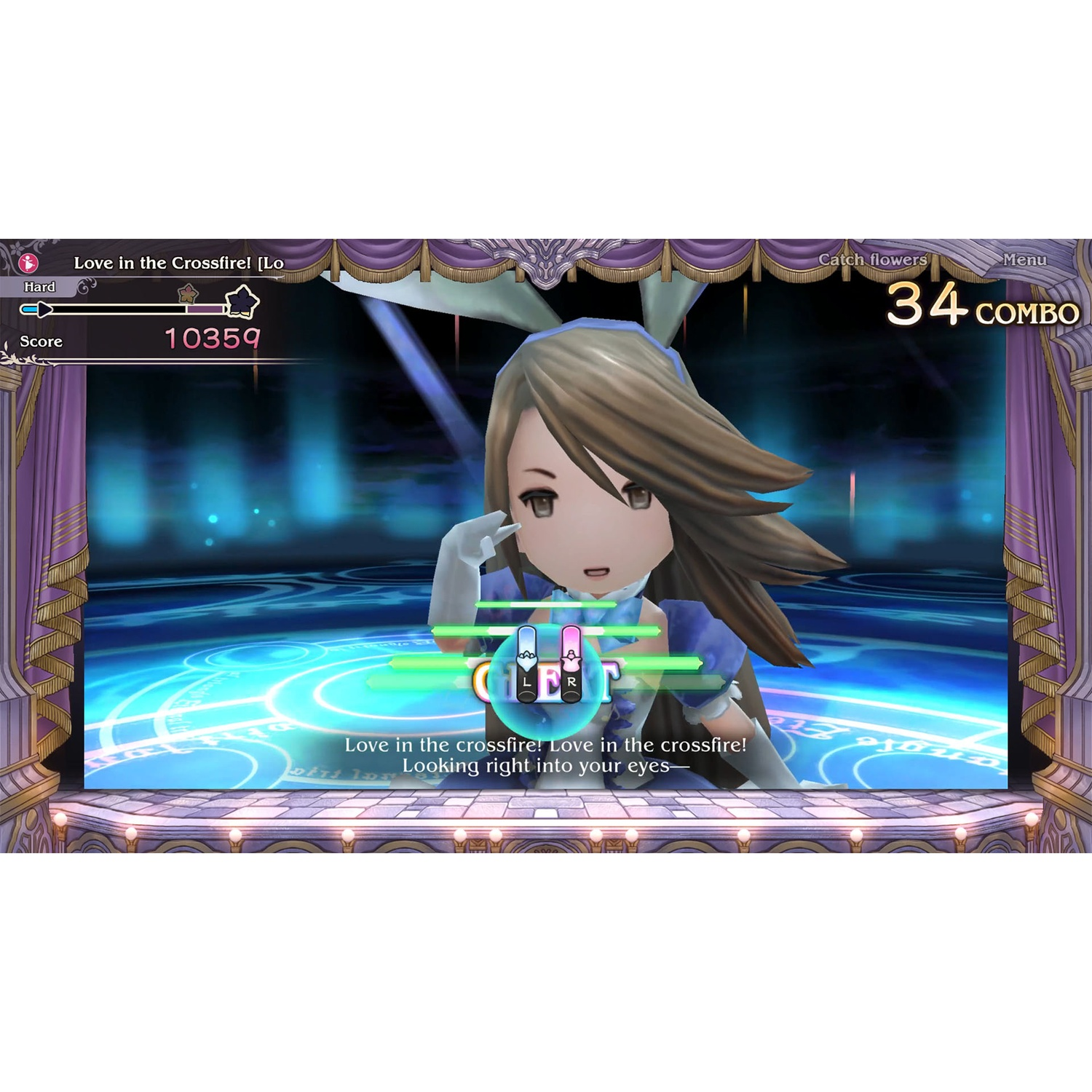 Personaggio anime con orecchie da coniglio in outfit blu su palco, combo 34.