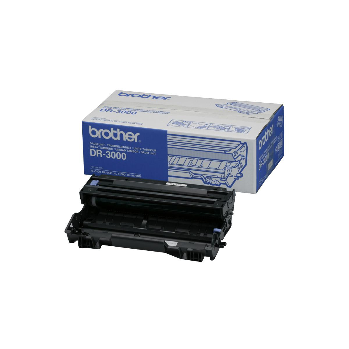 Ein Brother DR-3000 Trommeleinheit mit Verpackung, weißer Hintergrund.