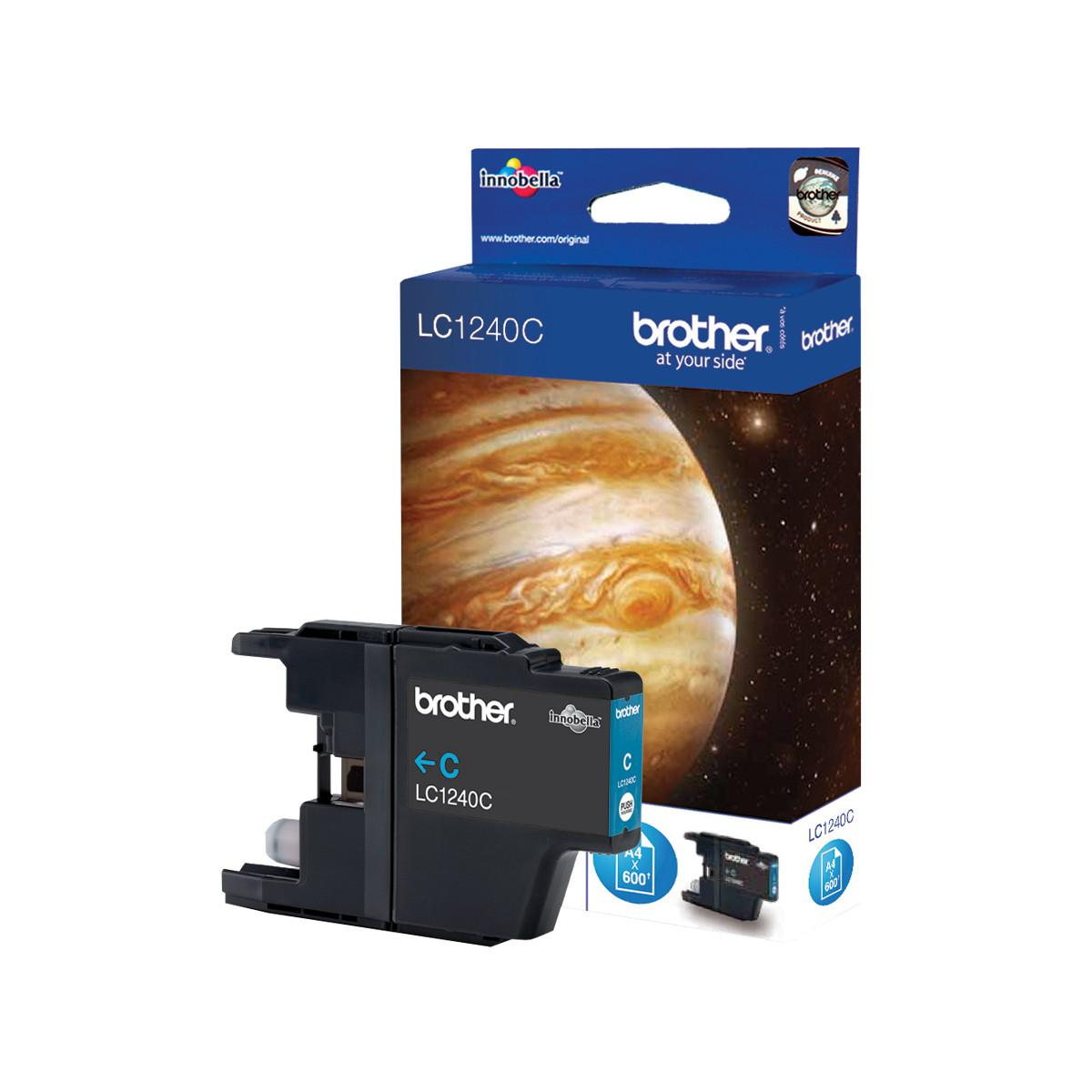 A black Brother LC1240C ink cartridge next to its box showing Jupiter.