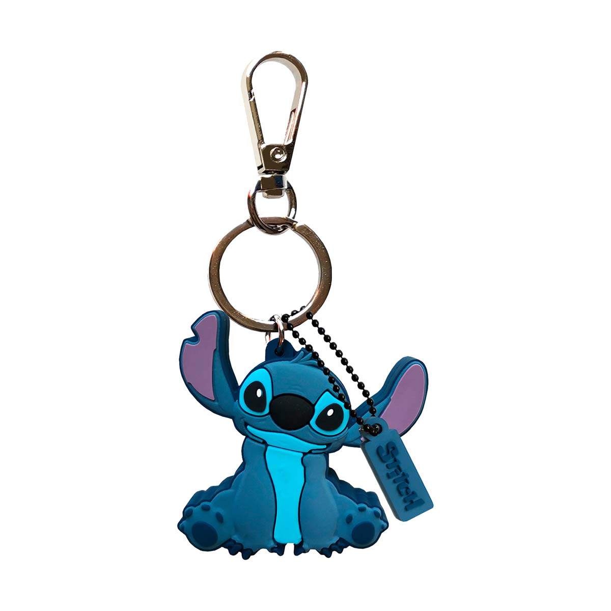 Un portachiavi blu di Stitch con moschettone e targhetta.