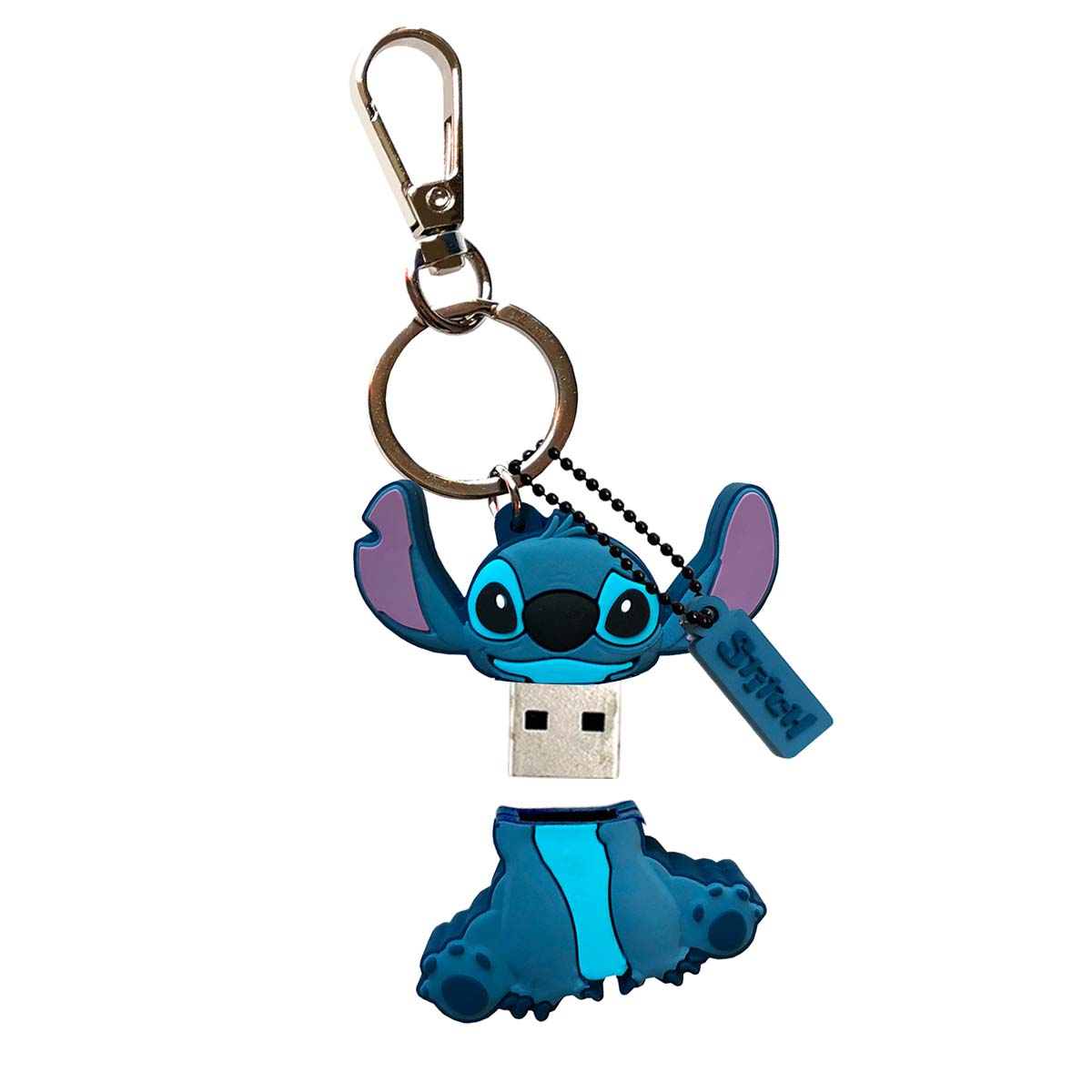 Un'unità USB blu di Stitch con portachiavi ed etichetta.