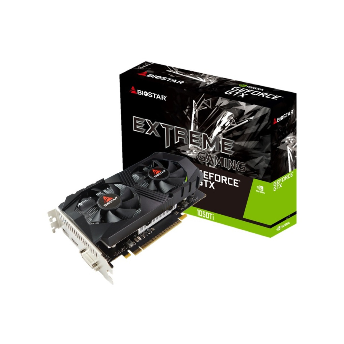 Une carte graphique Biostar et sa boîte. La carte a deux ventilateurs. La boîte dit 'Extreme Gaming'.