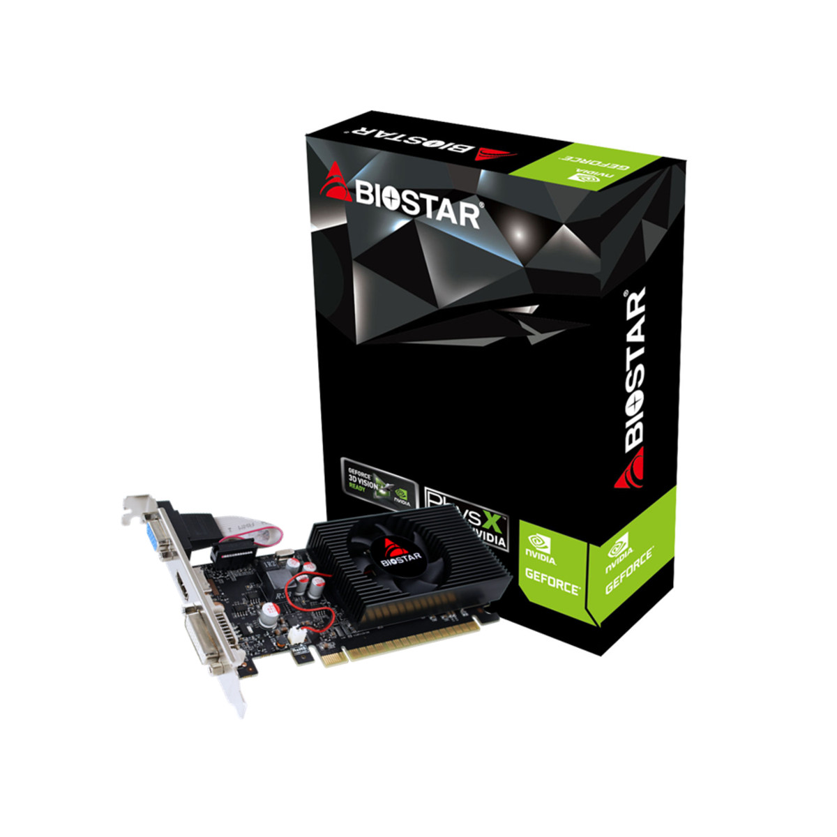 A Biostar graphics card with fan and heatsink, next to a black box.