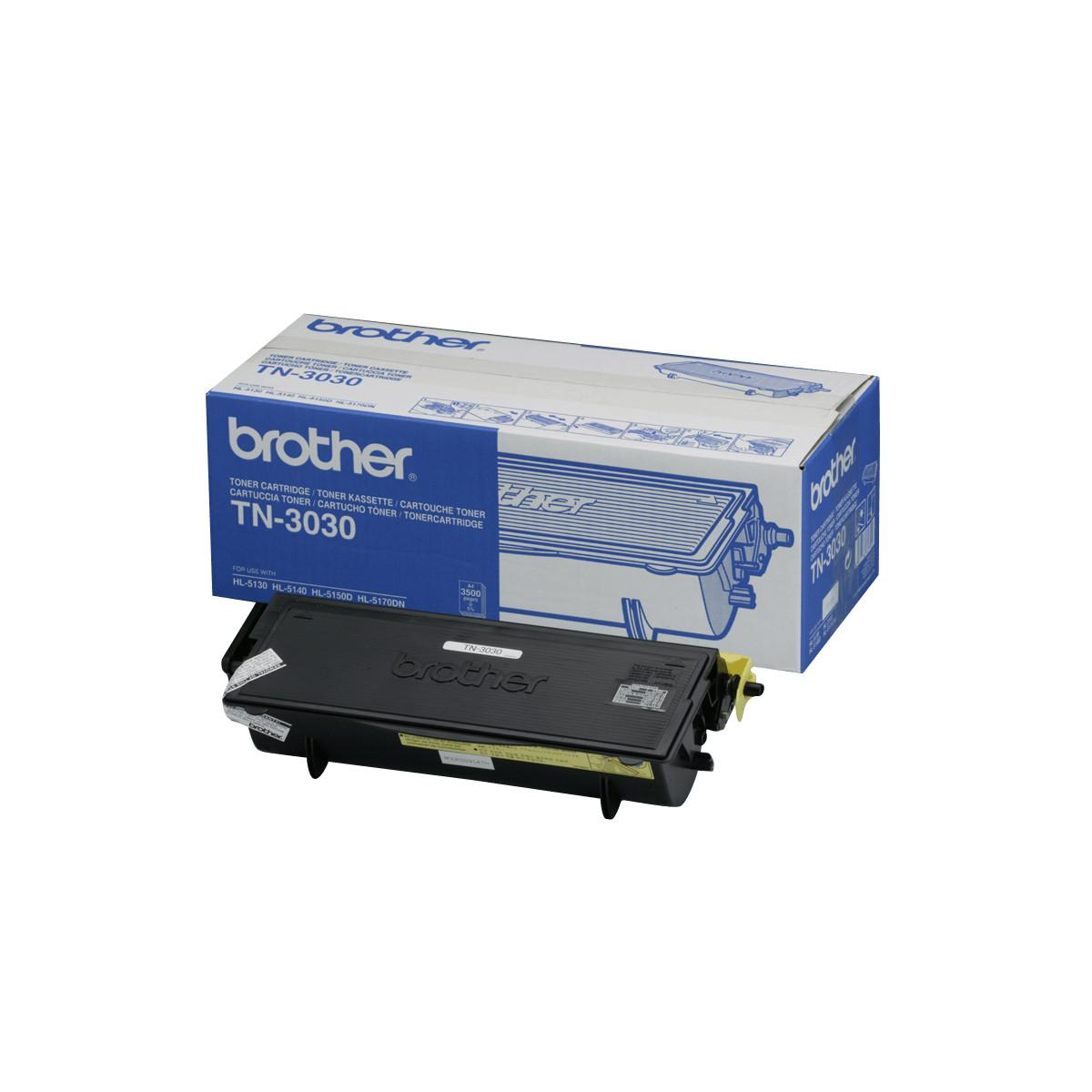 Brother TN-3030 toner cartridge and box, front view.