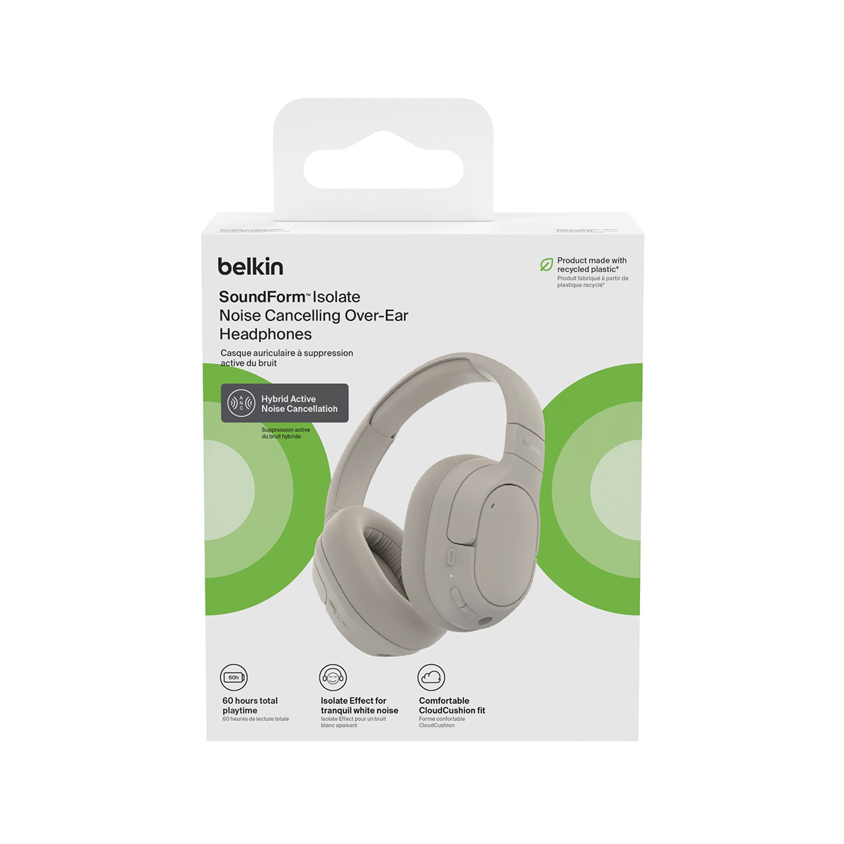 Casque Belkin SoundForm Isolate Over-Ear avec ANC Hybride en gris clair.