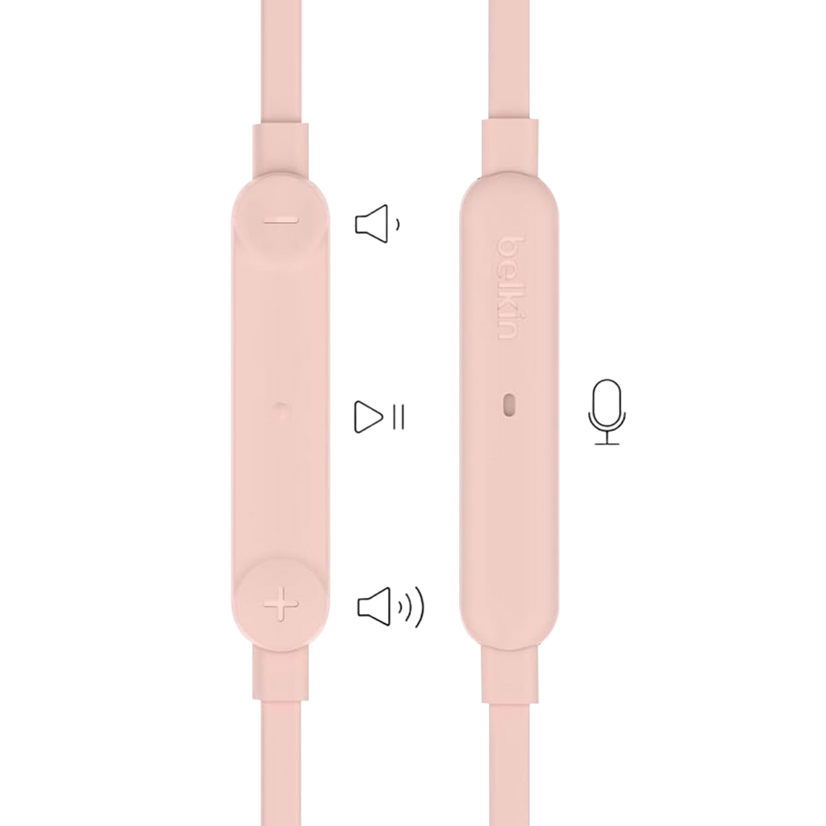 Ein rosafarbener Kopfhörer-Controller mit Lautstärketasten und Wiedergabetasten.