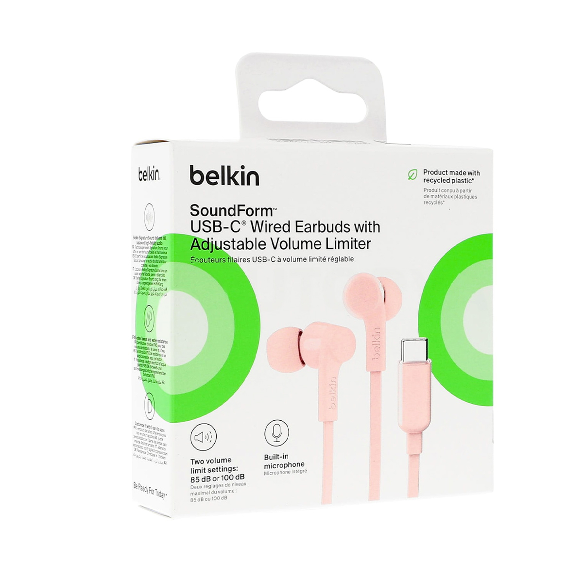 Verpackung für pinke Belkin USB-C-Kopfhörer mit Lautstärkebegrenzer und Mikrofon.