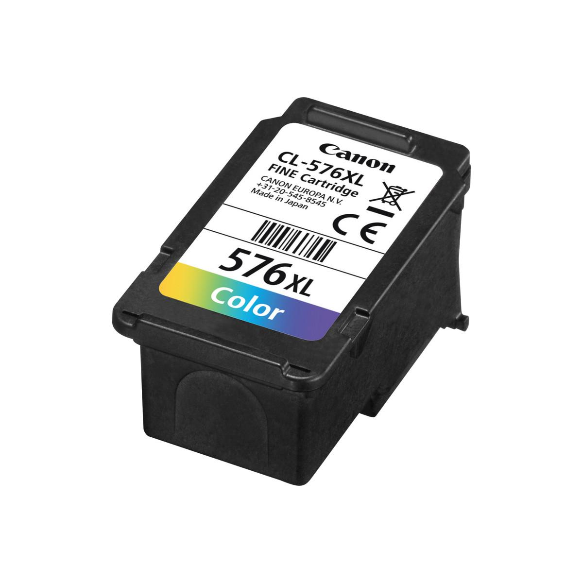 Czarny tusz Canon CL-576XL z gradientem kolorów i znakiem CE.