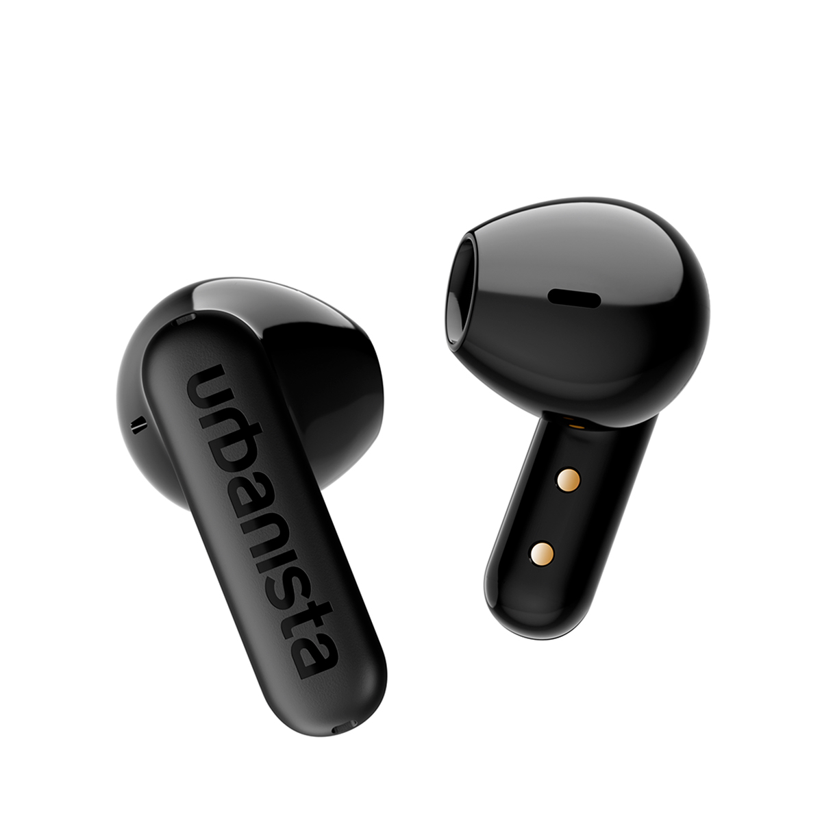 Zwei glänzend schwarze kabellose Ohrhörer mit dem Logo „Urbanista“ auf einem.
