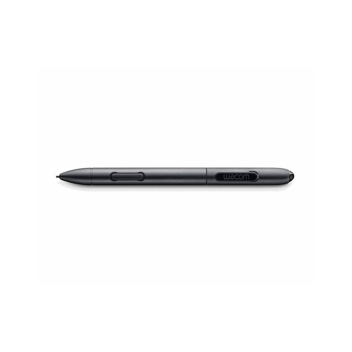 Una penna Wacom scura con un pulsante e logo Wacom su sfondo bianco.