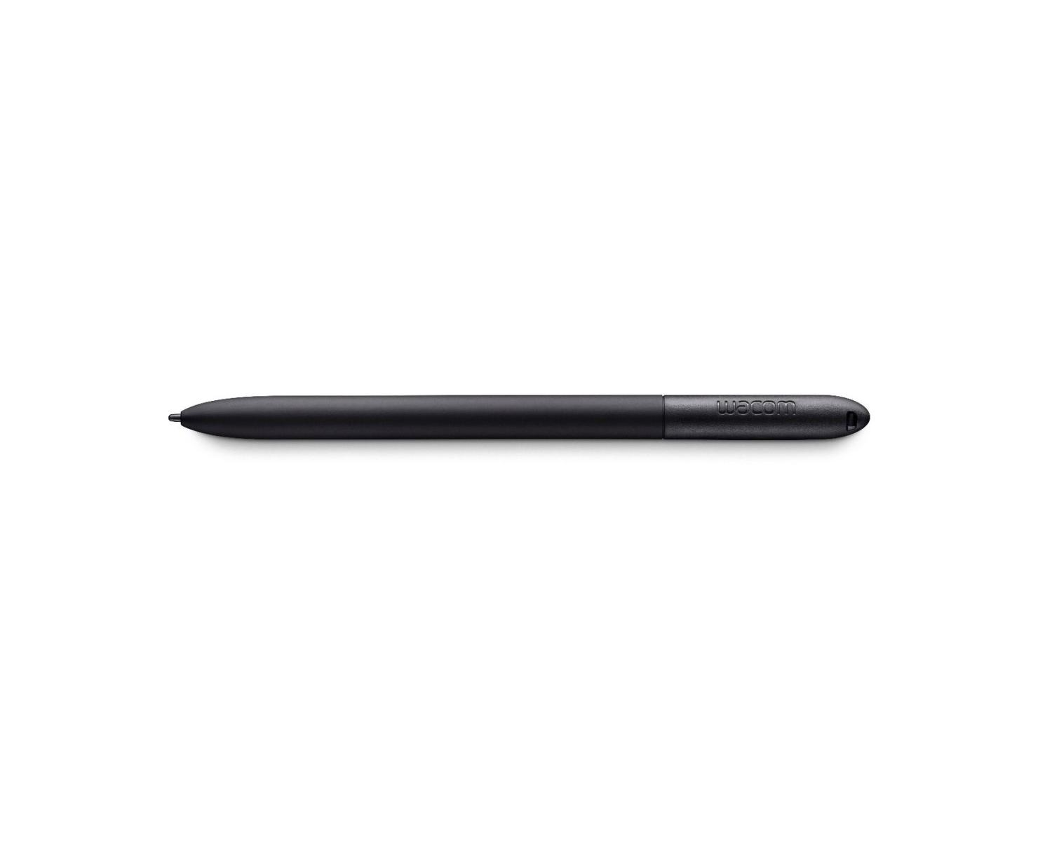 Una penna Wacom nera con punta acuminata su sfondo bianco.