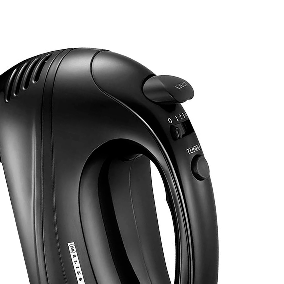 Close-up of a black hand mixer, showing speed settings and turbo button.
