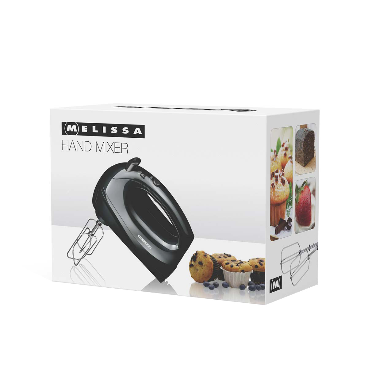Packaging of a black hand mixer with muffins and blueberries.