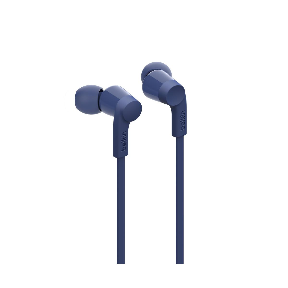 Deux écouteurs Belkin bleus avec cordons sur fond blanc.