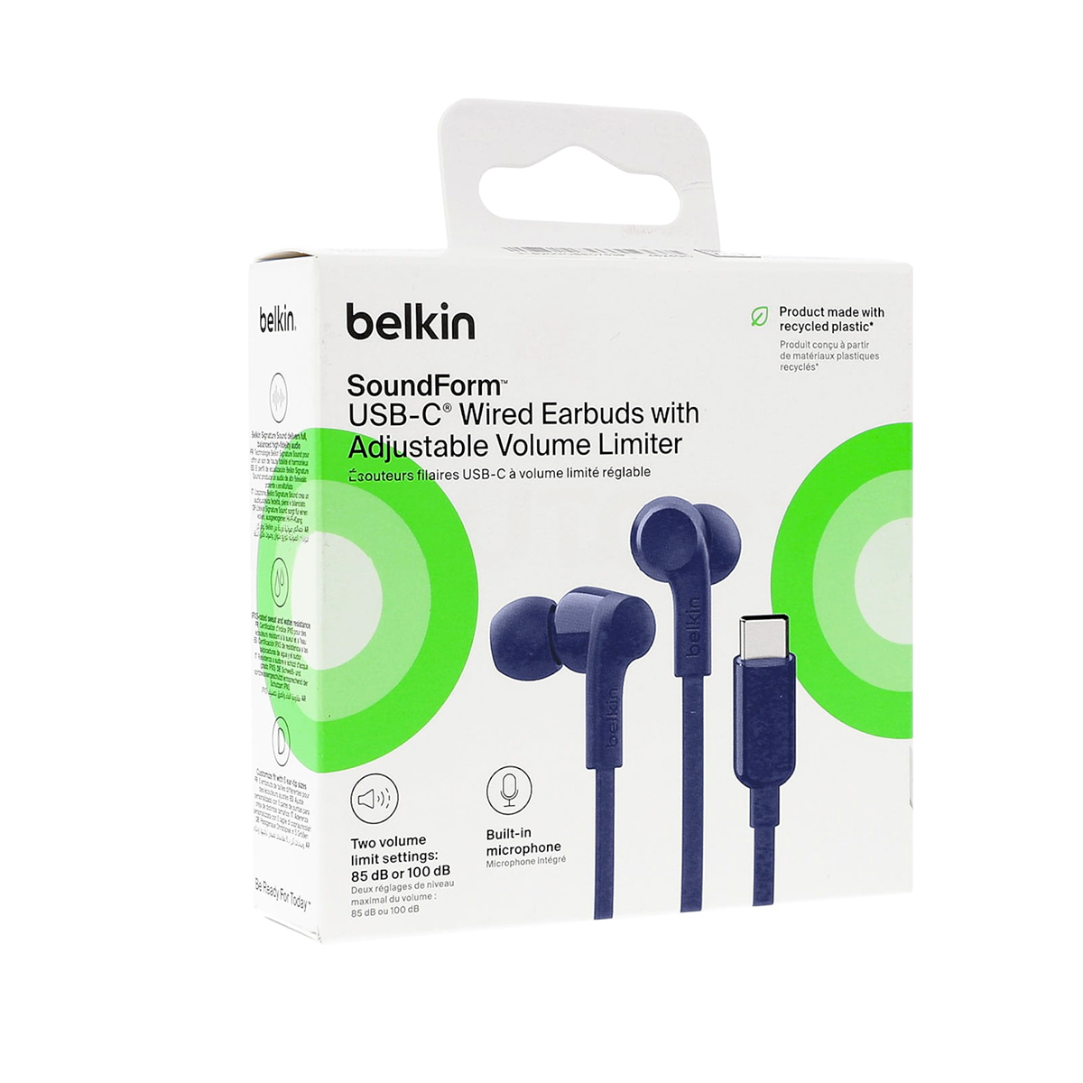 Écouteurs filaires Belkin SoundForm USB-C avec limiteur de volume réglable bleu marine.
