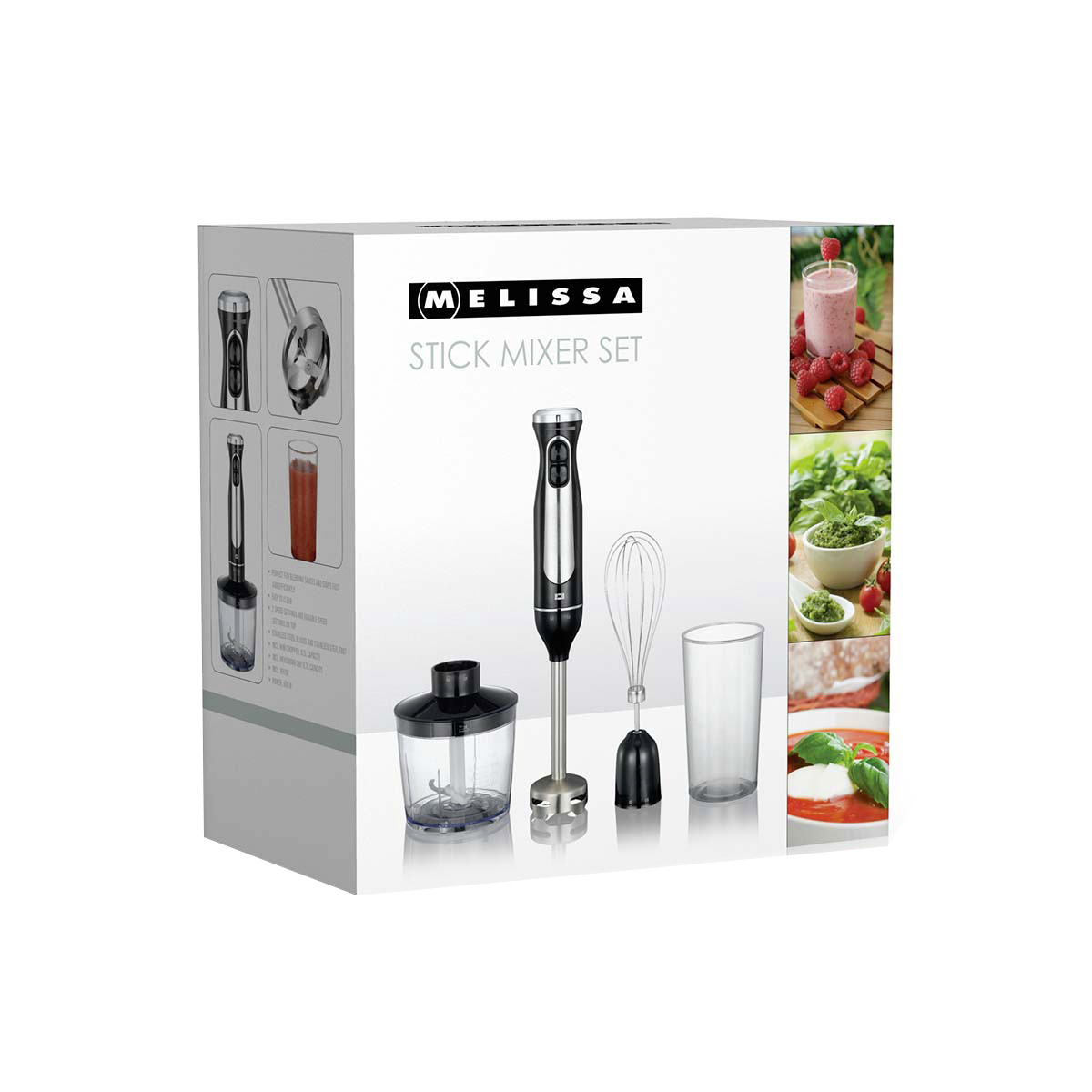 Melissa Steel Mixer Set doos met mixer, garde, chopper, beker en voedselfoto's.
