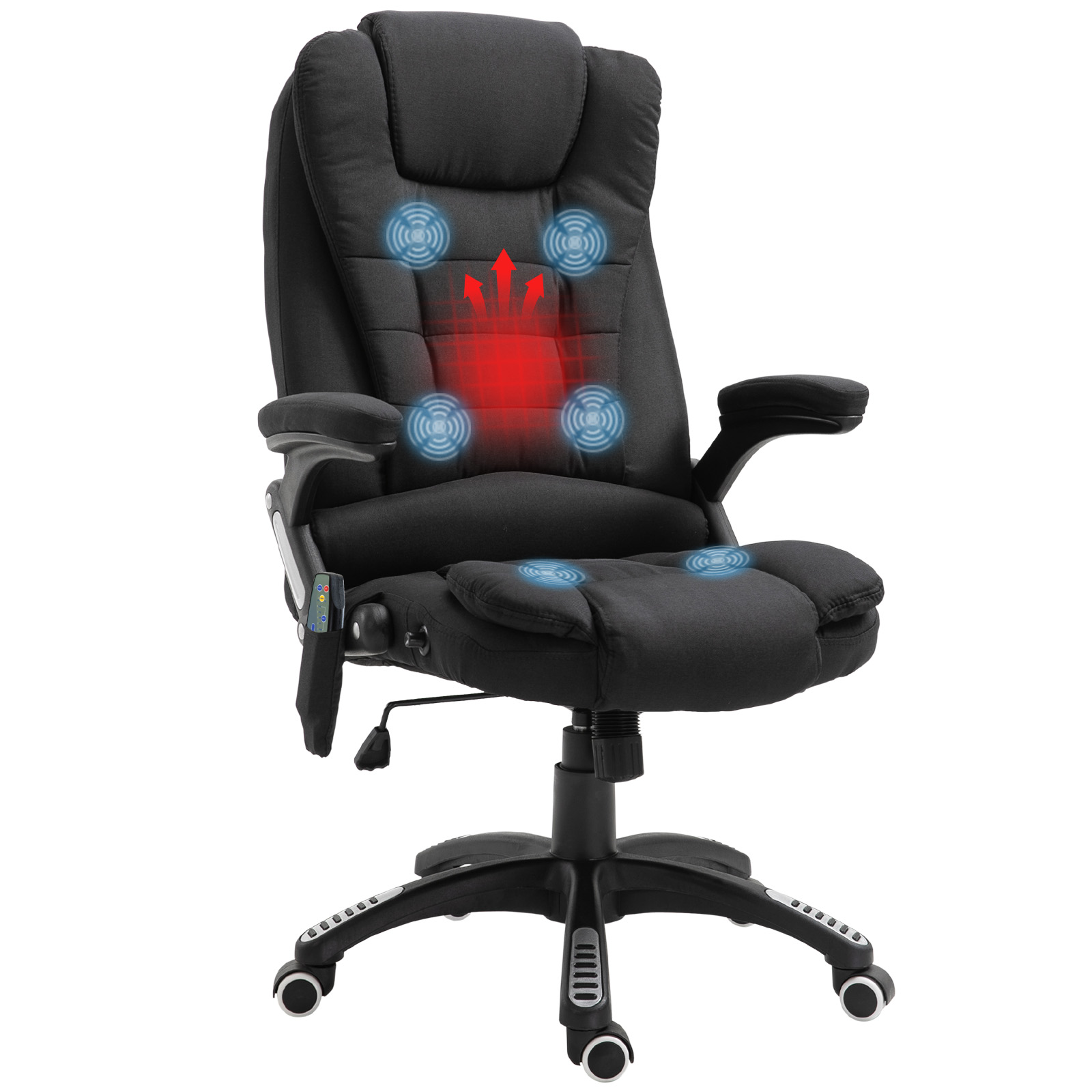 Una sedia da ufficio nera con funzioni massaggianti, mostrata con animazioni di calore rosso e vibrazione blu.