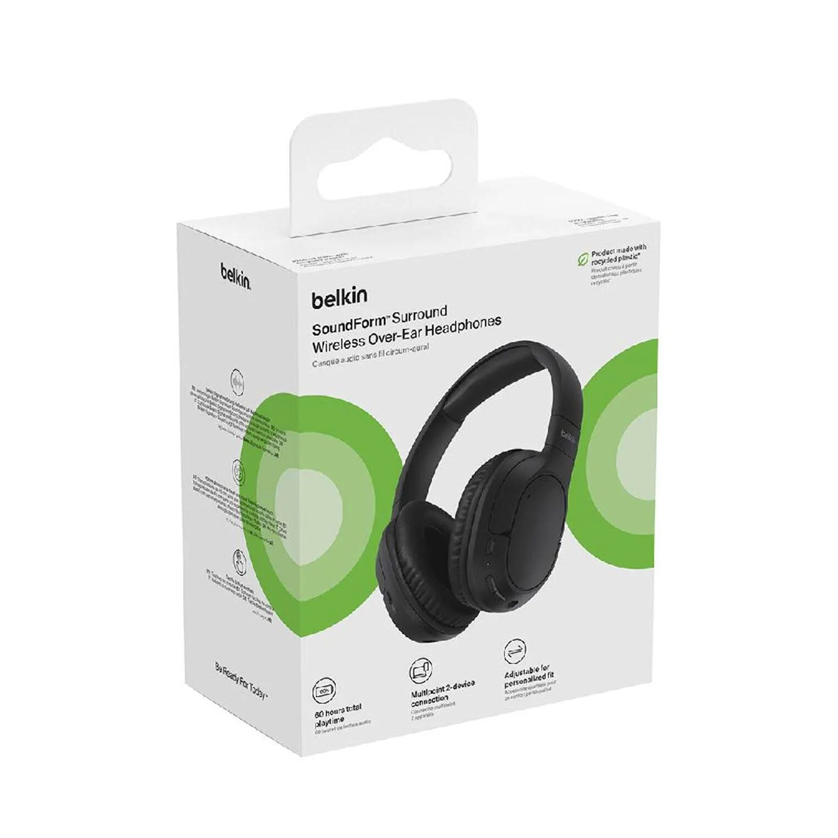 Doos met zwarte Belkin over-ear koptelefoon, versierd met groene cirkels.