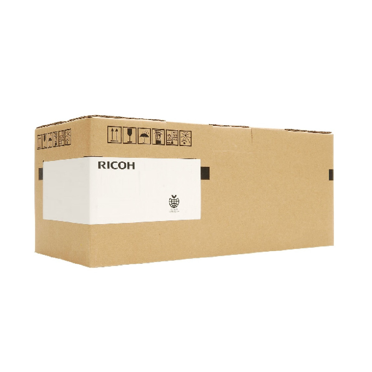 Un cartone marrone con un'etichetta bianca che mostra il logo Ricoh.