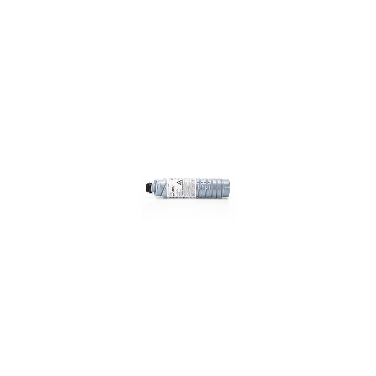 Cartuccia toner grigia con tappo nero, in posizione orizzontale.