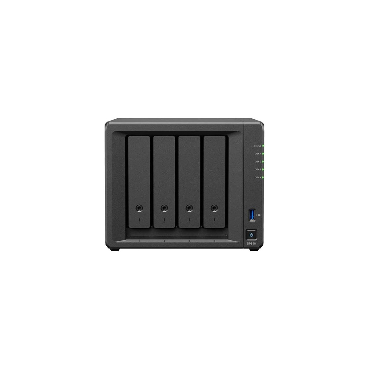 Ein schwarzes NAS-Gerät mit vier Einschüben, Statusleuchten und USB-Anschluss.