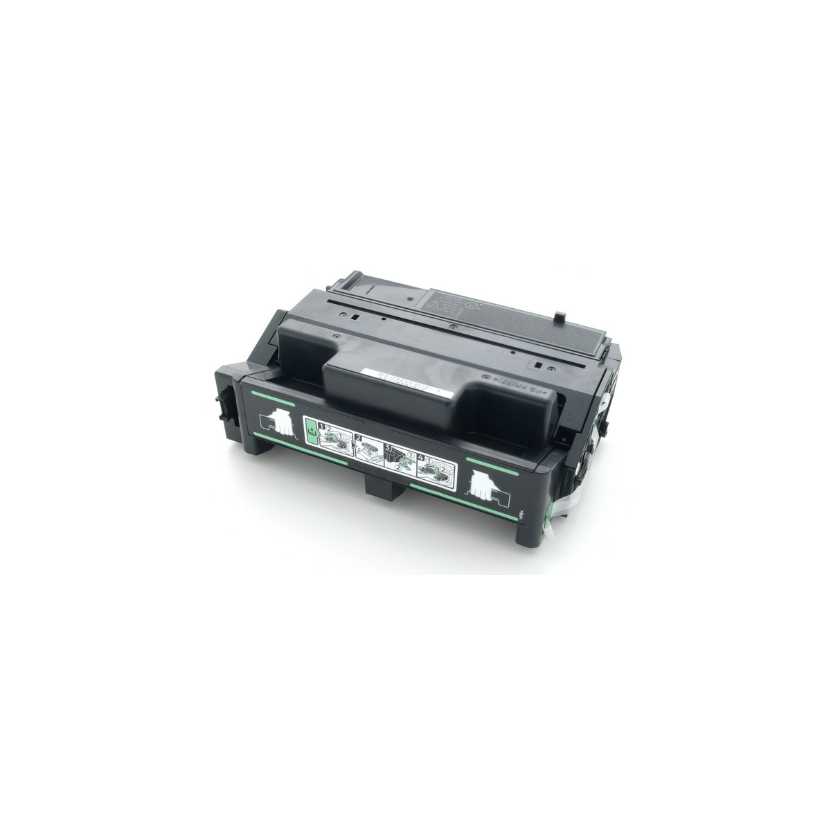 Una cartuccia toner nera per stampante con istruzioni sul lato.