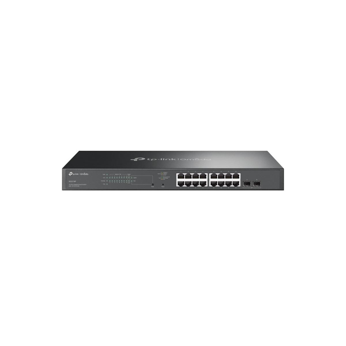 Ein schwarzer TP-Link Omada Switch mit 16 Ports und LEDs.