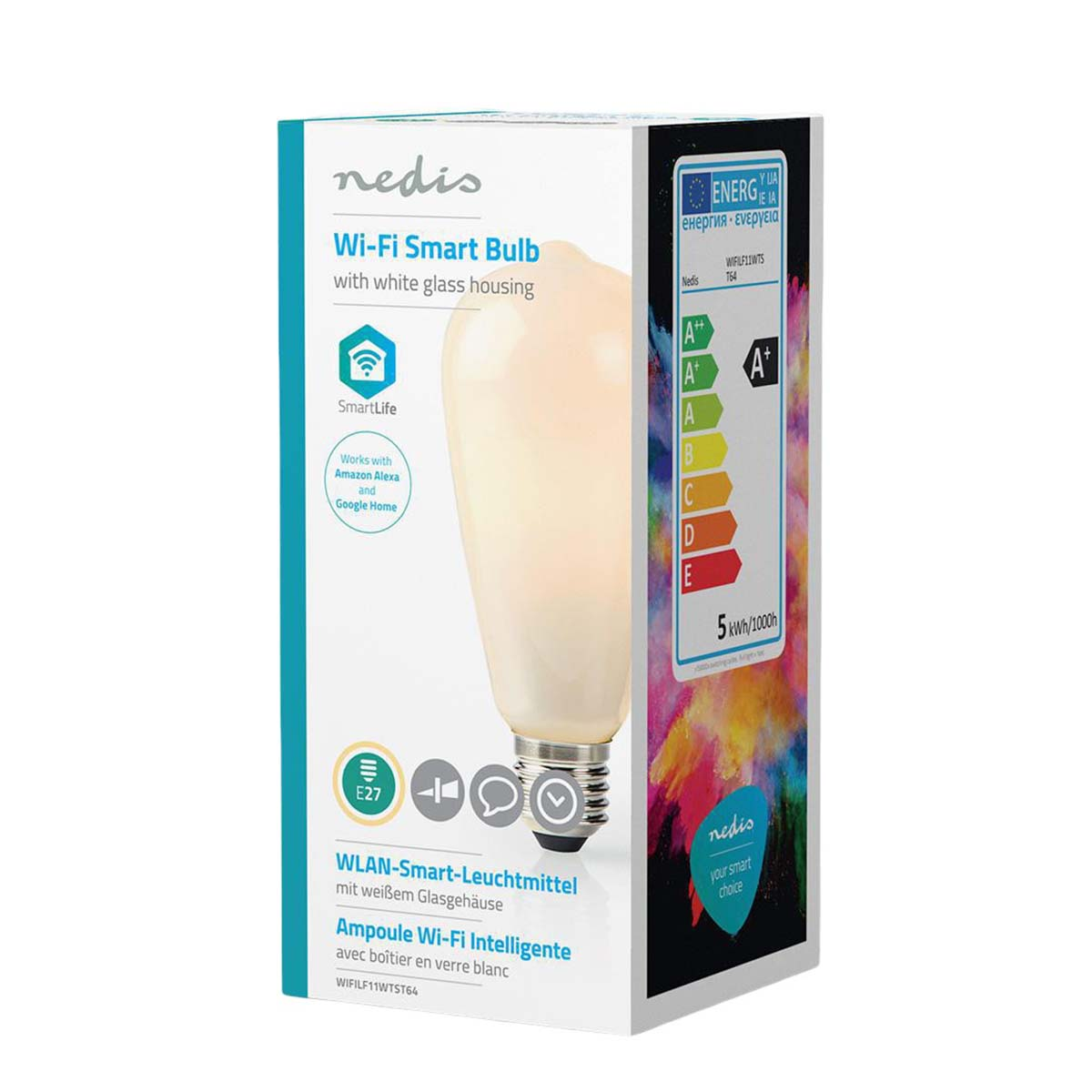 Lampadina smart Wi-Fi Nedis con alloggiamento in vetro bianco, efficienza A++.