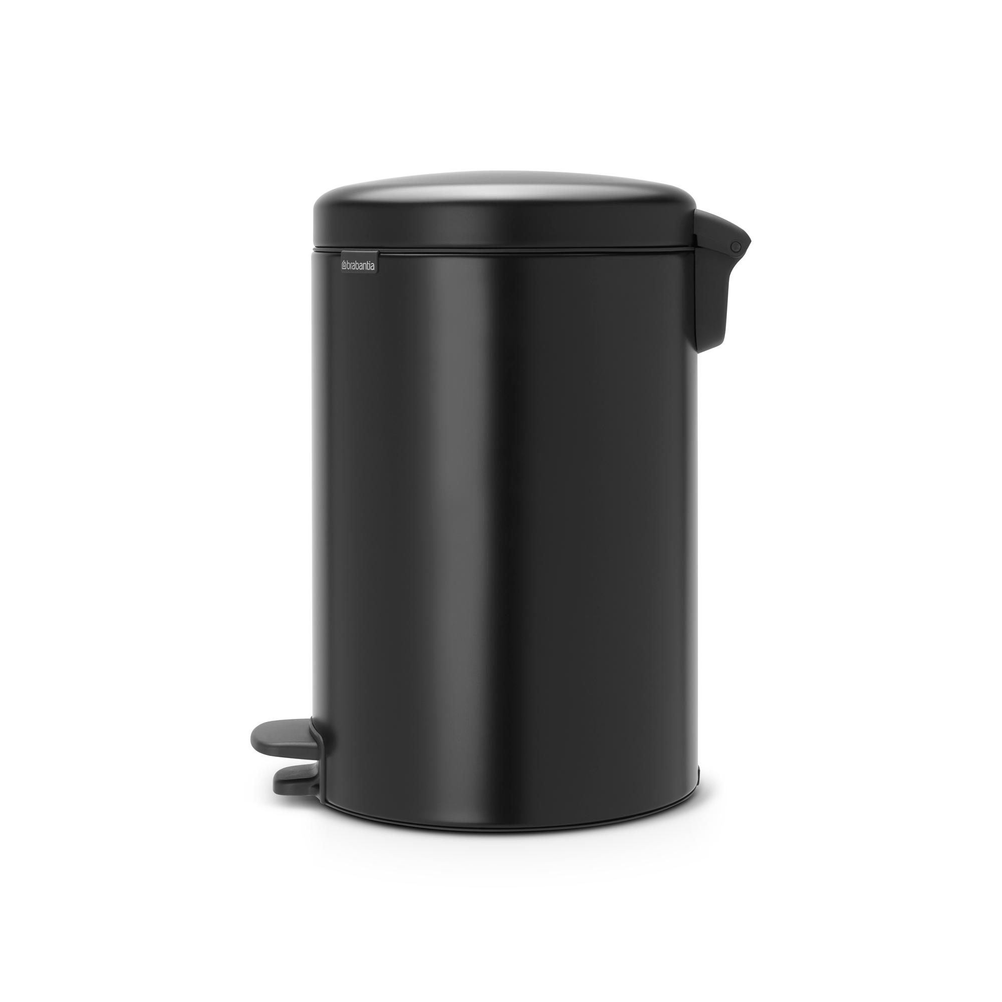 Een zwarte pedaalemmer met deksel en zilveren logo.