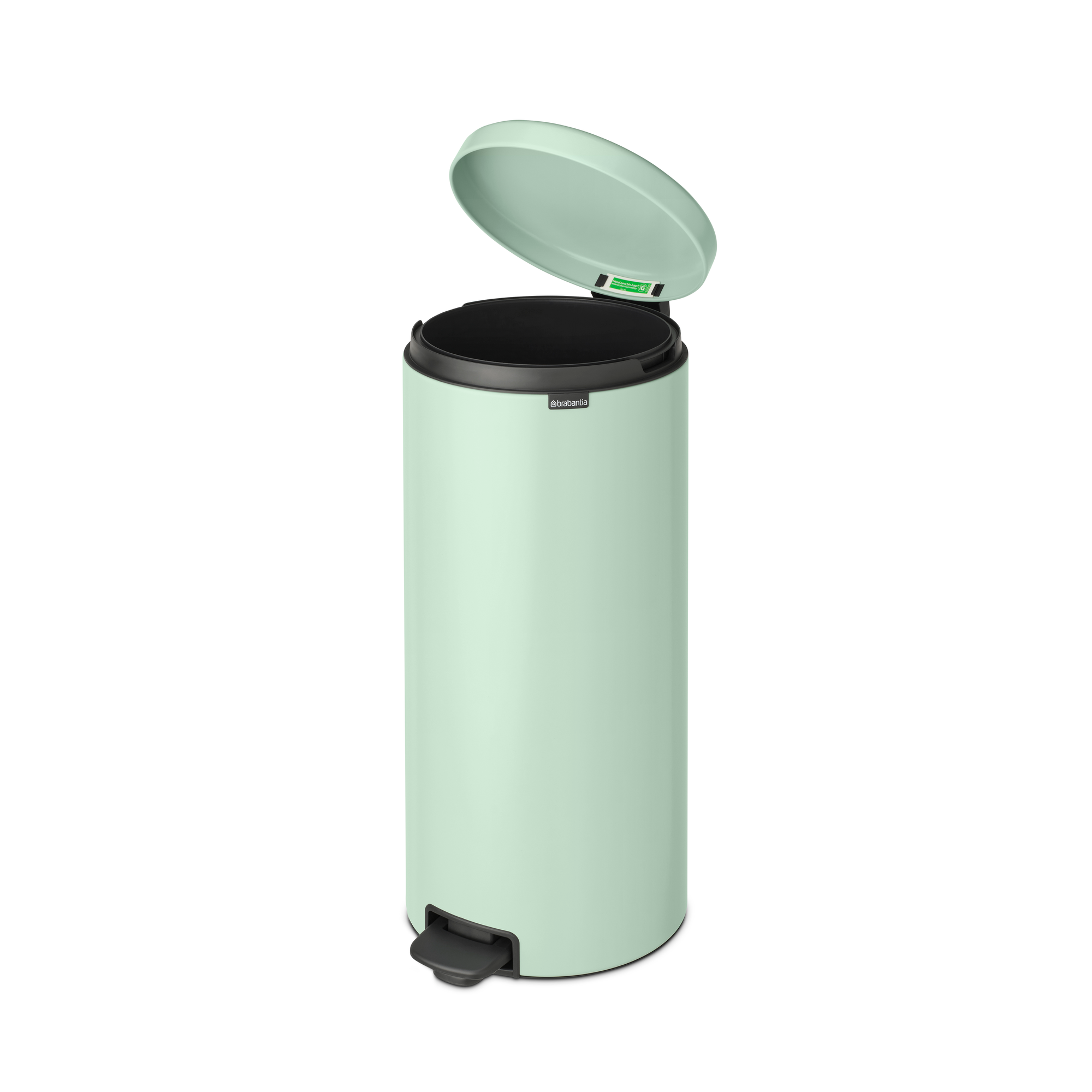 Un cubo de basura con pedal verde claro y tapa abierta sobre fondo blanco.