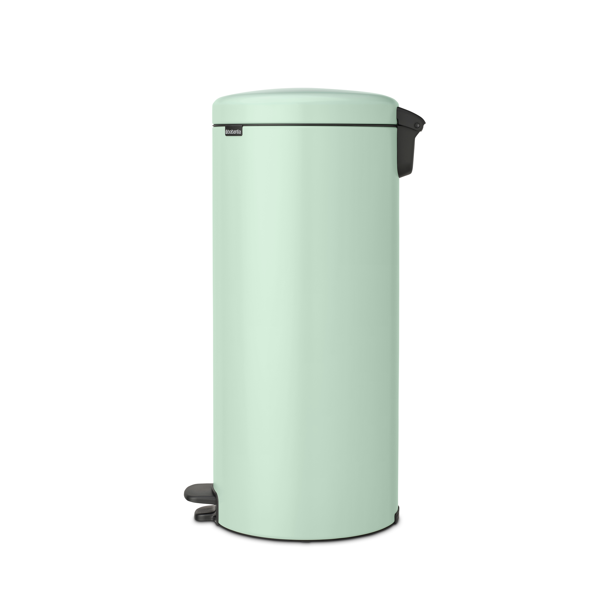 Un cubo de basura de pedal verde claro con tapa y pedal negros.