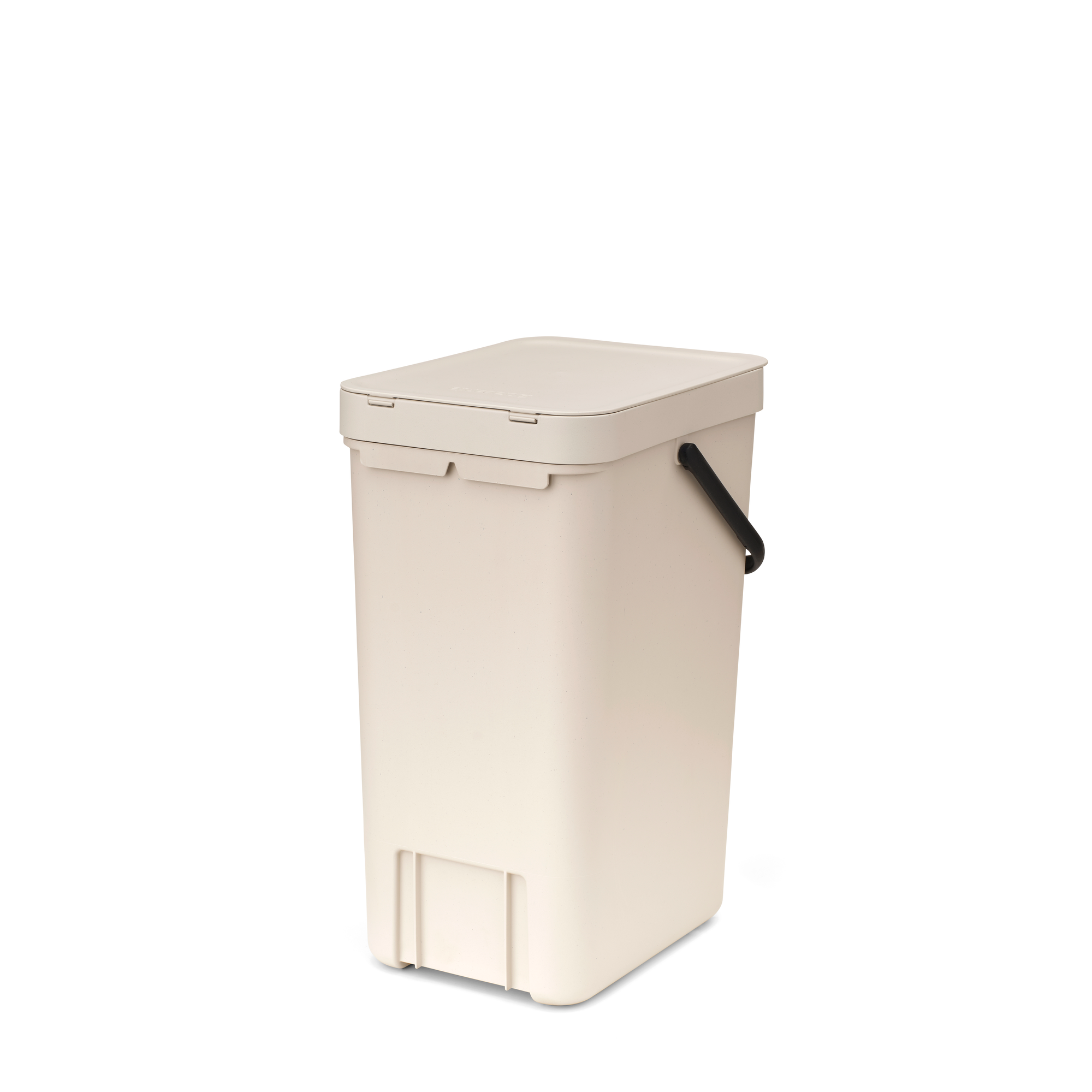 Beige prullenbak met zwart handvat en deksel, tegen witte achtergrond.