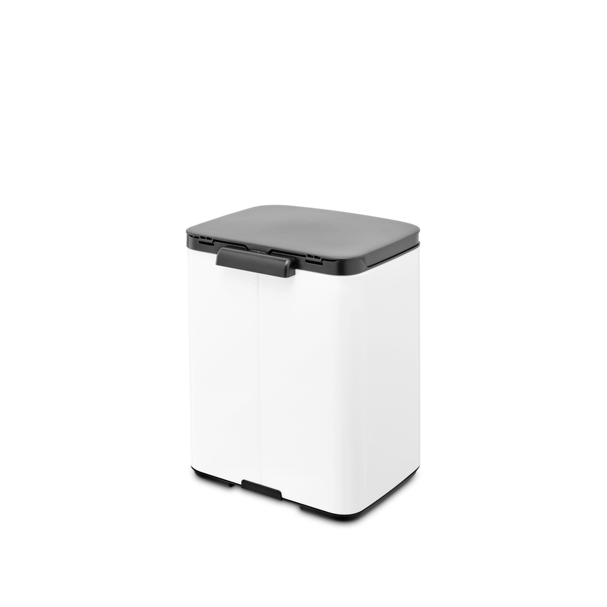Een witte prullenbak met een donkergrijs deksel en handvat.