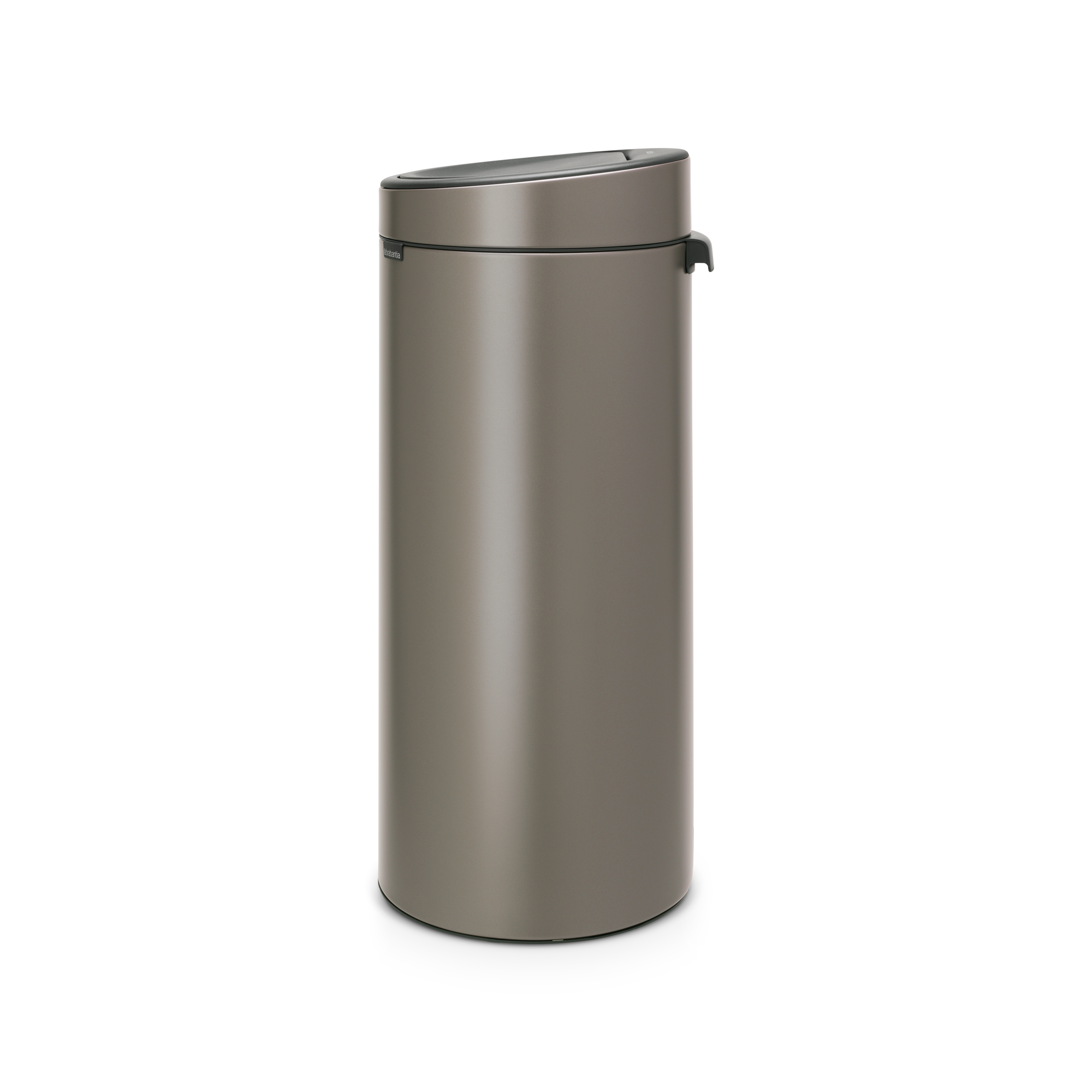 Een grijze prullenbak met een kantelbaar deksel en een handvat aan de zijkant.